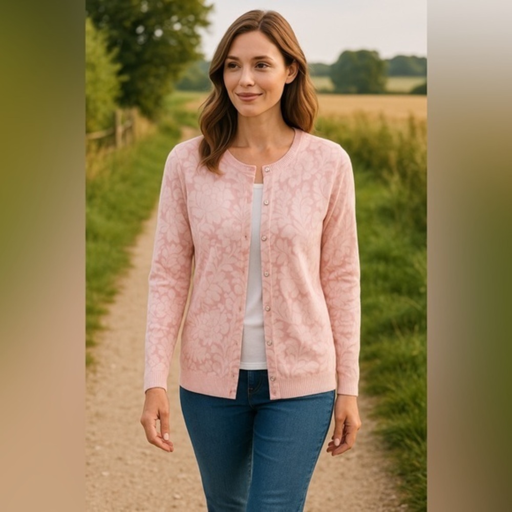 Soft Pink Classic Cardigan – Romantic Layer Sweater EUC M #655
